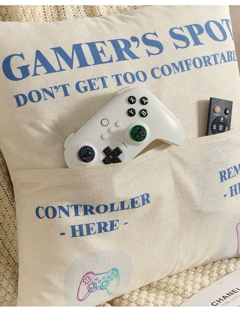 Gamer's Spot Accent Pillow in Cream and Blue, with Gamer Socks
